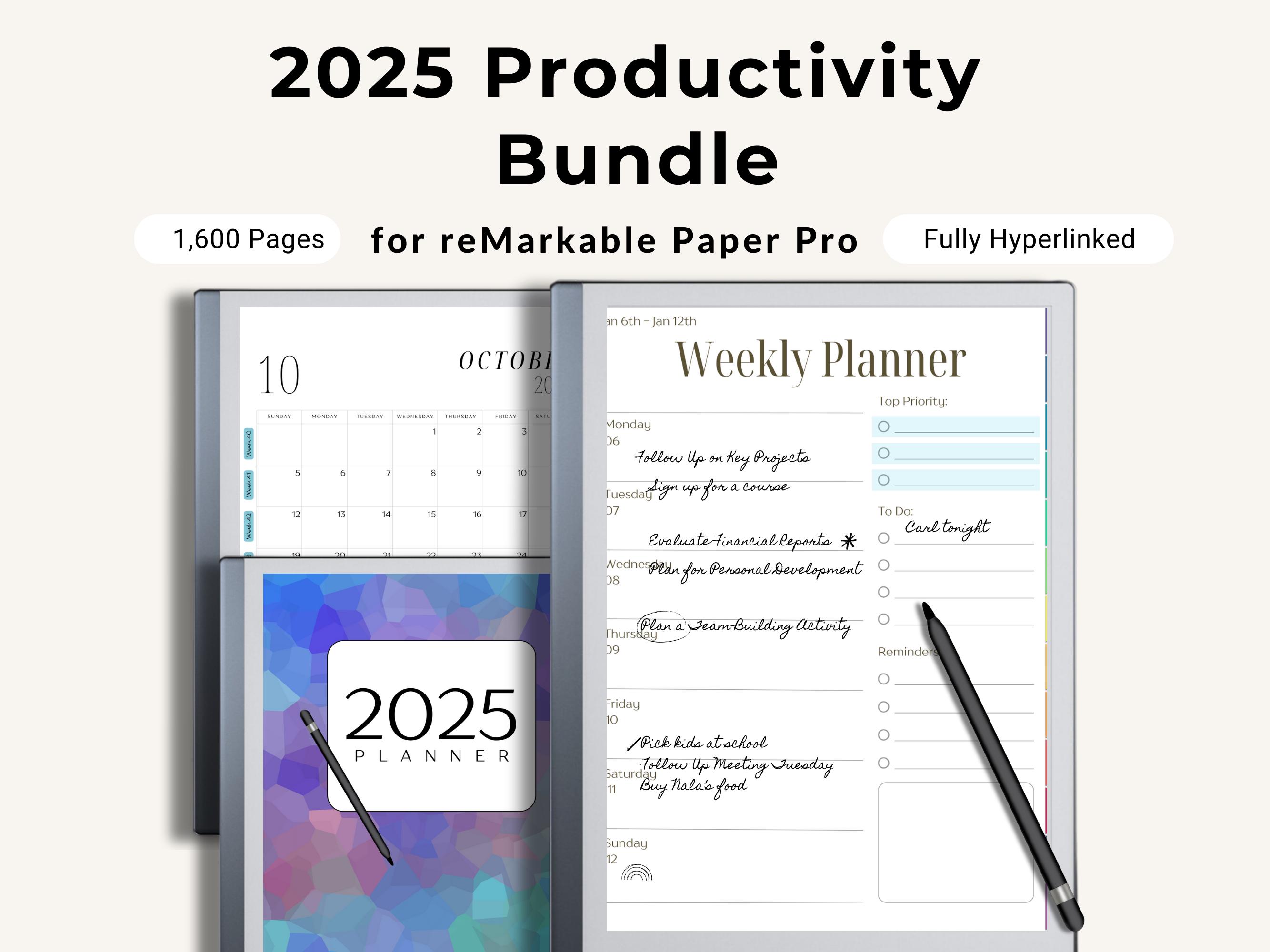 2025 Productivity Bundle for Remarkable Paper Pro Planner Digital Notebook Work Organizer Meeting Note Template Paperless Daily Planning