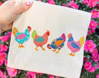 Chicken Faux Patchwork PNG, Cute Cottagecore Bright Shirt Design, Faux Fabric Applique PNG, Vintage Quilt Style Grandma Core, Preppy Chicken