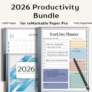 May include: Digital planner bundle for reMarkable Paper Pro, featuring a 2026 calendar and daily planner pages. The image shows a tablet with a stylus, displaying a work day planner with sections for tasks and reminders. The bundle includes 1,600 pages.