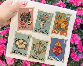 Vintage Mexican Stamps PNG, Mexican Folk Art Clipart, Spanish Sublimation Design, Fiesta Sacred Heart PNG, Talavera Digital Download