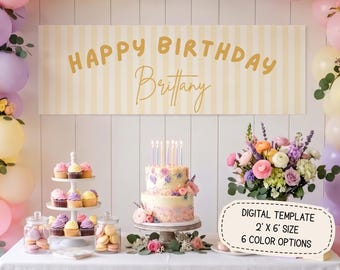 Happy Birthday Banner Edible Template, Stripe Birthday Banner, Printable 2x6 Walgreens Banner, Canva Custom Name Party Backdrop