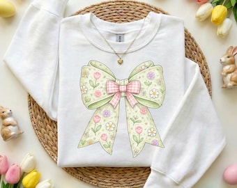 Coquette Spring Floral Bow PNG, Preppy Spring Bow Design, Girly Floral Shirt Graphic, Pastel Coquette Bow PNG, Easter & Spring