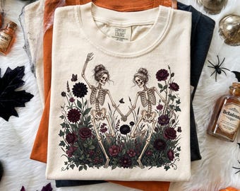Gothic Skeleton PNG, Dark Floral Halloween Sublimation Design, Moody Botanical Best Friends Skeleton Shirt, Digital Download