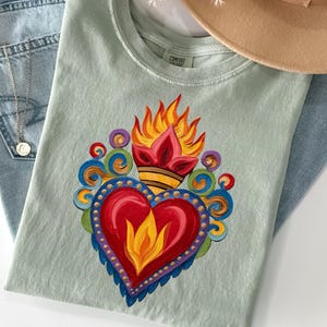 Mexican Sacred Heart PNG, Faux Oil Painted Folk Art Heart, Canvas Texture Sacred Heart, Milagro Style Latin Art, Textured Paint Heart Design
