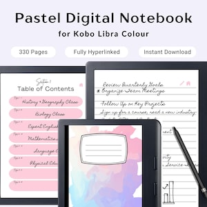 May include: A digital notebook for the Kobo Libra Colour e-reader. The notebook has 330 pages and is fully hyperlinked. The image shows a close-up of the e-reader screen with a table of contents and a page with handwritten notes. The notebook is designed to be used for taking notes, journaling, and organizing thoughts.