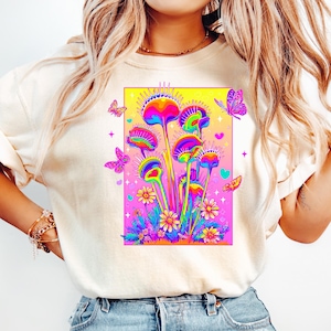 Neon Venus Flytrap PNG, Psychedelic Carnivorous Plant Sublimation, Retro Rainbow Shirt, Colorful Botanical Print, Groovy Plant Graphic Tee