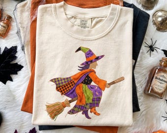 Faux Patchwork Witch PNG, Halloween Broomstick Witch Design, Faux Fabric Applique Sublimation, Digital Download (NOT A PATTERN)