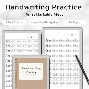 May include: Digital handwriting practice tablet for reMarkable Move. The image shows three tablets displaying handwriting exercises, with the text "Handwriting Practice" and "3 Font Options". A stylus is also visible.