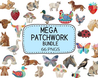 Mega Faux Patchwork Bundle PNG, 66 Designs Cottagecore Bright Shirt, Faux Fabric Applique PNG, Vintage Quilt Style Grandma Core, Preppy PNG