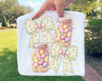 Preppy Easter Coquette PNG, Floral Bow and Mason Jar Design, Pastel Easter Candy Jars, Cottagecore Easter, Grandmacore Easter