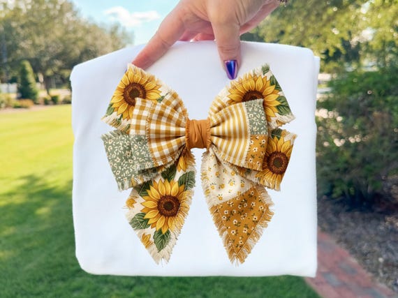 Sunflower Patchwork Bow PNG, Cute Cottagecore Bright Design, Faux Fabric Applique, Vintage Quilt Style Grandma Core, Preppy Sunflower Bow