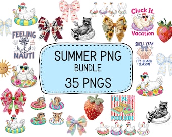 Summer PNG Bundle 35 Designs Sublimation Beach Vacation Funny Shirt Downloads Coquette Bow Chicken Raccoon Graphic Tee Files