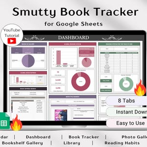 May include: A computer screen displaying a Google Sheets spreadsheet with a dashboard for tracking books read. The spreadsheet has tabs for a calendar, dashboard, bookshelf gallery, book tracker, library, and reading habits. The spreadsheet is titled "Smutty Book Tracker for Google Sheets".