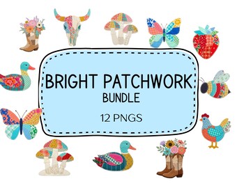 Bright Patchwork Bundle PNG, 12 Faux Patchwork PNG, Cottagecore Faux Fabric Applique, Vintage Quilt Style Grandma Core, Preppy Patchwork PNG
