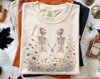 Unhinged Sisterhood Skeleton Wildflower PNG, Boho Botanical Sublimation Design, Best Friends Skeleton Shirt, Digital Download