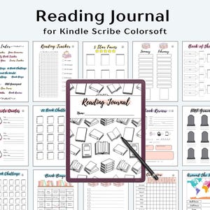 May include: A digital reading journal for Kindle Scribe Colorsoft. The journal includes pages for tracking books, favorite quotes, book reviews, and challenges. The cover features the title "Reading Journal" and a pen.