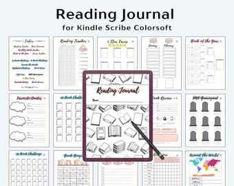 Op de afbeelding: Een digitaal leesdagboek voor Kindle Scribe Colorsoft. Het dagboek bevat pagina's voor het bijhouden van boeken, favoriete citaten, boekrecensies en uitdagingen. De omslag toont de titel "Reading Journal" en een pen.