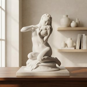 May include: A white matte sculpture depicting a figure kneeling on a circular base while cradling another figure. The sculpture features smooth, flowing lines and is mounted on a square stone plinth, showcasing a monochromatic aesthetic.