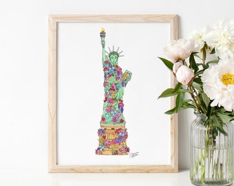 Liberty Flowers Art Print / New York City Statue of Liberty Floral Landmark Illustration by Joanna Baker