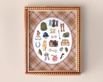 Reiter Lieblings Dinge Kunstdruck / Pferde Liebhaber Wand Kunst, Reiten Dekor, Reiterwohnheim Dekor, Reitausrüstung Illustration