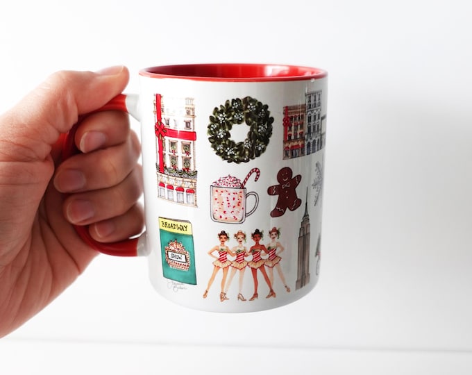 Christmas in New York Mug / NYC Drinkware, NYC Sketches, Central Park, Taxi Cab, Subway, Christmas in NYC Mug, New York Travel Souvenir