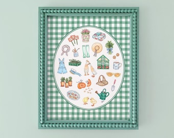 Cottage Garden Favorite Things Art Print / Gardening Gift, Springtime Nursery Room Decor, Gingham Cottagecore Wall Art