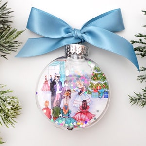 Notenkraker feestscène glitter kerstornament / notenkraker balletornament, Clara, Fritz, Drosselmeyer, feestdansers Notenkrakerballet