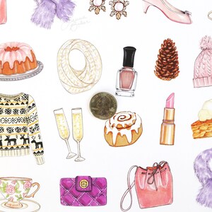 May include: Watercolor illustration of various fashion and food items. Includes a pink purse, a cable-knit scarf, a sweater with reindeer, a pink hat, a slice of pie, a cinnamon roll, a lipstick, and a quarter.