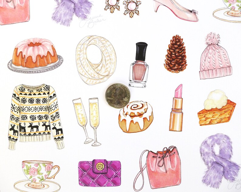 May include: Watercolor illustration of various fashion and food items. Includes a pink purse, a cable-knit scarf, a sweater with reindeer, a pink hat, a slice of pie, a cinnamon roll, a lipstick, and a quarter.