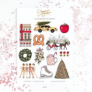 Pegatinas de Navidad en Nueva York: ilustración de moda, pegatinas brillantes, permanentes y festivas, Navidad en Nueva York, pegatinas navideñas en Nueva York