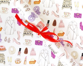 Gift Wrap Sheets - Winter Fashion / Holiday Fashion Illustration Gift Paper, Girly Wrapping Paper
