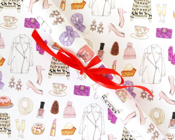 Gift Wrap Sheets - Winter Fashion / Holiday Fashion Illustration Gift Paper, Girly Wrapping Paper