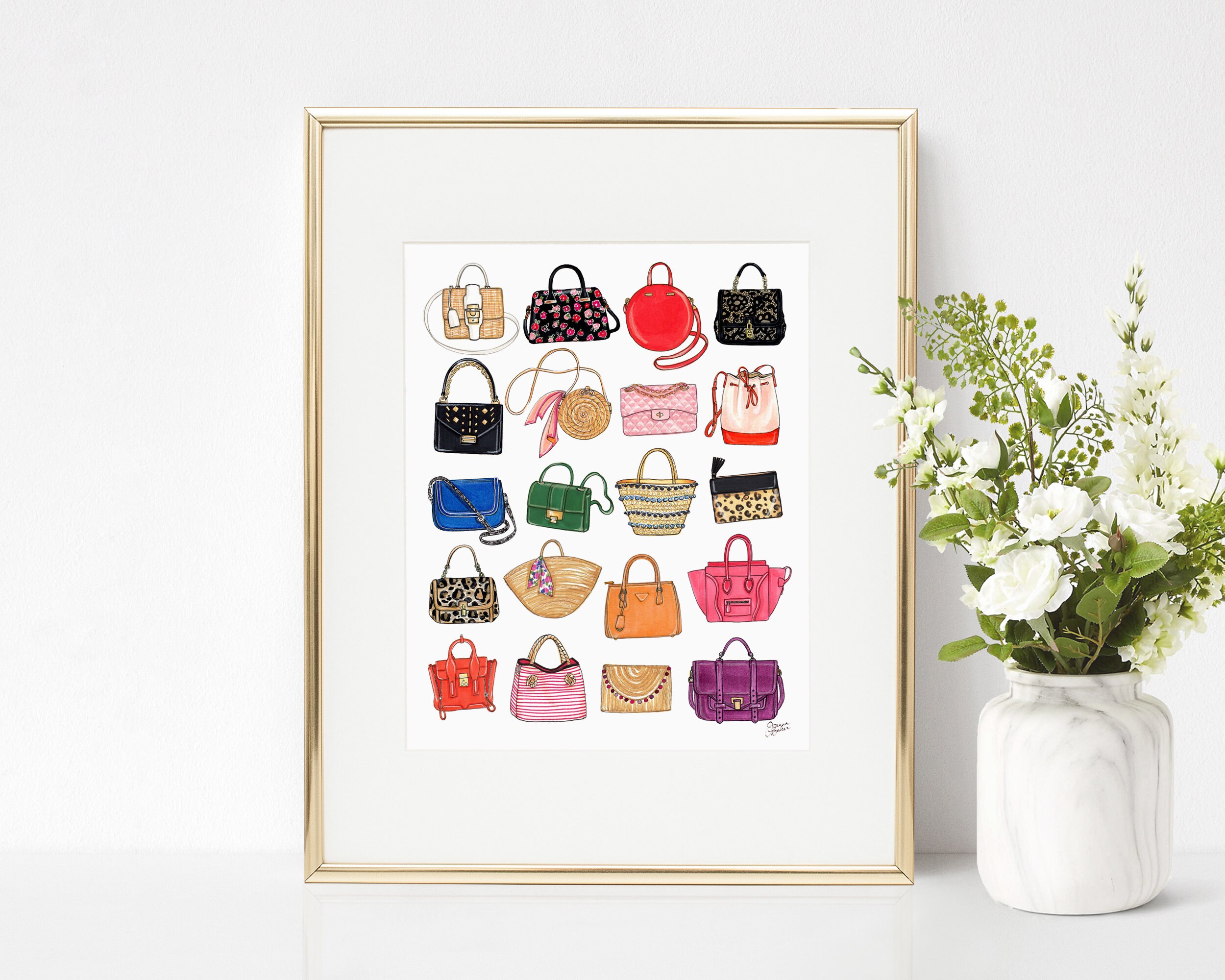 Set of 3 Designer Handbag Watercolour Prints Gucci Prada 