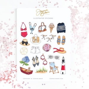 May include: A sheet of illustrated stickers with a summer theme. The stickers depict a red bikini, a striped jumper, an ice cream, a seashell, a lighthouse, and other beach-related items. The text "Joanna Baker Illustrated Stickers" is at the top.