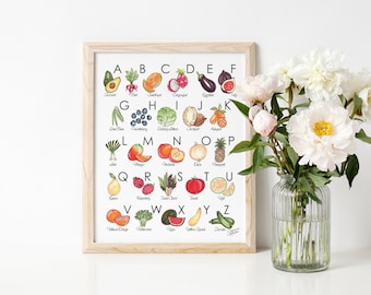Fruit & Veggie Alphabet Art Print / Fruit and Vegetable Illustrations by Joanna Baker