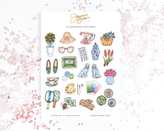 Grandmillennial Pastime Stickers / Grand Millennial, Planner Stickers, Granny Chic, Hostess Gift, Ginger Jar, Pickleball, Needlepoint