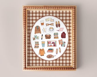May include: A framed print featuring a circular design with illustrations of books, clothing, accessories, and a sleeping cat. The frame is wood with a beaded border, and the background is a brown and white plaid pattern.