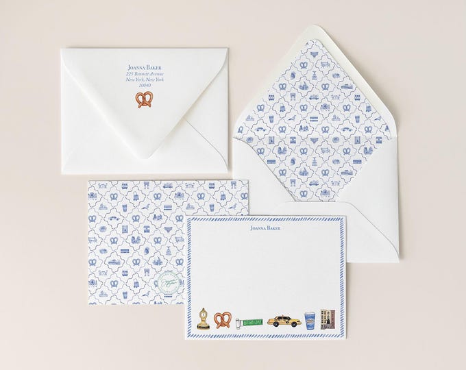 Personalized Flat Note Cards - New York City Favorite Things / A2 4.25 x 5.5 / Euro Flap Envelopes / Luxury Stationery / NYC Stationery Set