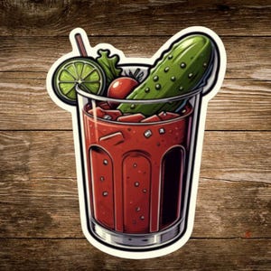 May include: A sticker illustration of a tall glass filled with a red tomato-based cocktail. The drink is garnished with a large green pickle, a bright red cherry tomato, a slice of lime, and a thin brown straw, all rendered in a bold graphic style.