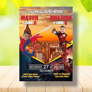 Spiderman and Iron Man Birthday Invitation: Custom Superhero Sibling Invite (DIGITAL)