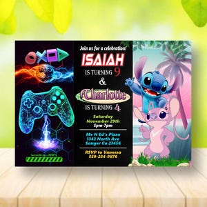 Sibling Birthday Invitation, Joint Invitation, Double Invitation, Twins Party, Two Themes, Game, Lilo and Stitch, Custom Theme, DIGITAL