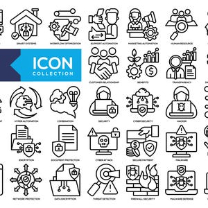 Könnte beinhalten: Eine Sammlung von schwarz-weißen Strichzeichnungen mit Symbolen zu maschinellem Lernen und Datensicherheit. Die Symbole zeigen Computer, Schlösser und Personen, mit den Texten "Machine Learning" und "Icon Collection".