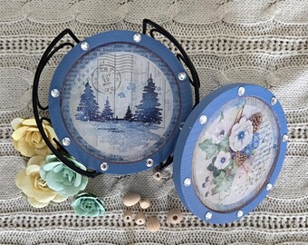 Coasters Set with Holder - Handmade Decoupage Blue Winter Design