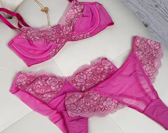 Pink bra and panties, floral lace lingerie, pink mesh underwear, pink lingerie set, mesh bra and panty, pink sheer underwear, bra and panty