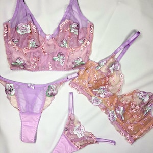 Purple floral lingerie set, flower underwear, purple sheer bra, bra and panty set, embroidered lingerie, purple panties, corset lingerie set