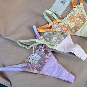 Floral embroidered thong lingerie set, lace thong panty, sheer underwear, see through panty, thong bikini, lace thong, thongs for women