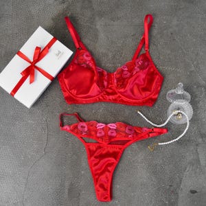 Red floral lace lingerie, silk bra and panty, bordo lingerie set, burgundy embroidery lingerie, red satin lingerie, red underwear set