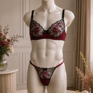 Può includere: Un completo di lingerie coordinato composto da reggiseno e perizoma, entrambi in tessuto bordeaux scuro con sovrapposizioni in rete nera trasparente decorate con ricami floreali rossi e rosa e piccoli fiocchi neri centrali.