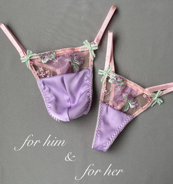 Matching Couple Thong Set, His Hers Floral Purple Satin Panties, Romantic  Spouse Lingerie Gift, Bedroom Anniversary Pack, Wedding Nightwear