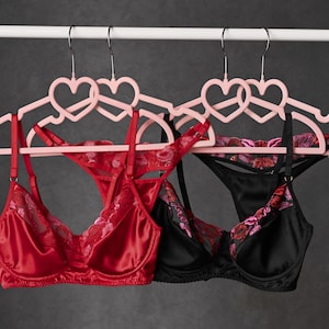 Red and black romantic satin lingerie set, embroidered bra and panty set, Valentines day gift, lingerie see through,  sheer lace lingerie